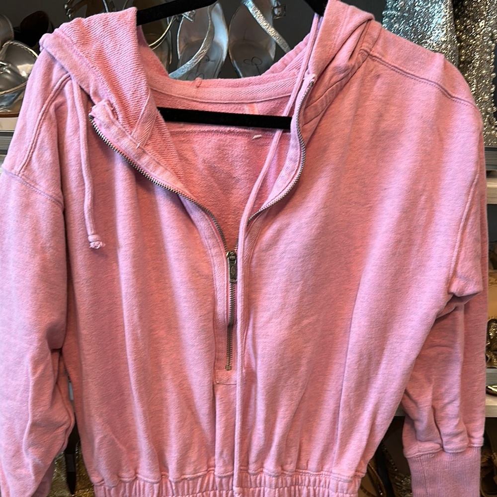 Free People Pink Hooded Jumpsuit Relaxed Fit Long Sleeves - Picture 2 of 4